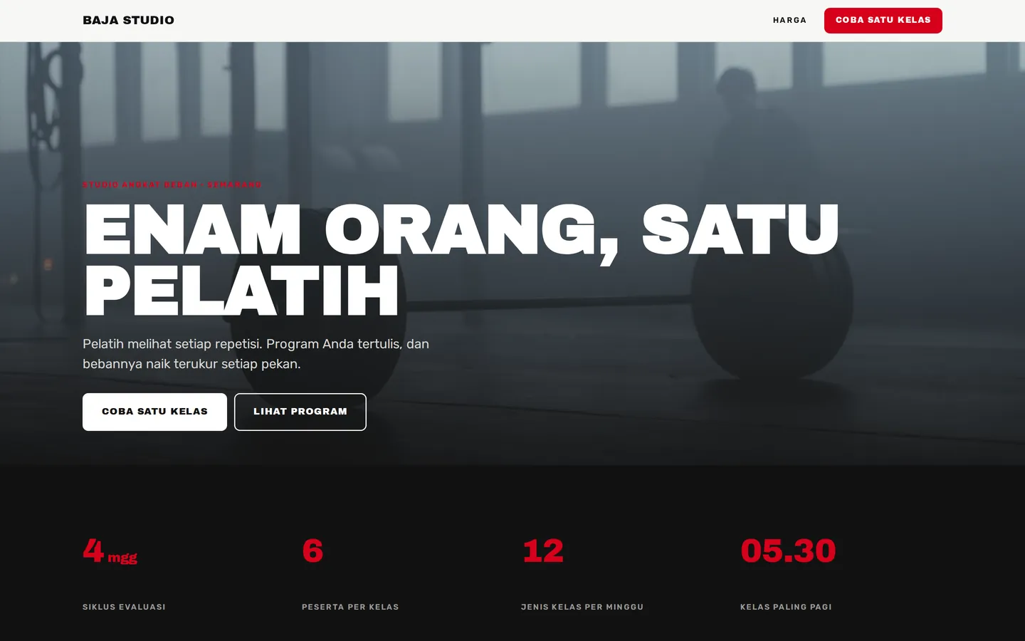Contoh landing page gym & fitness untuk Baja Studio