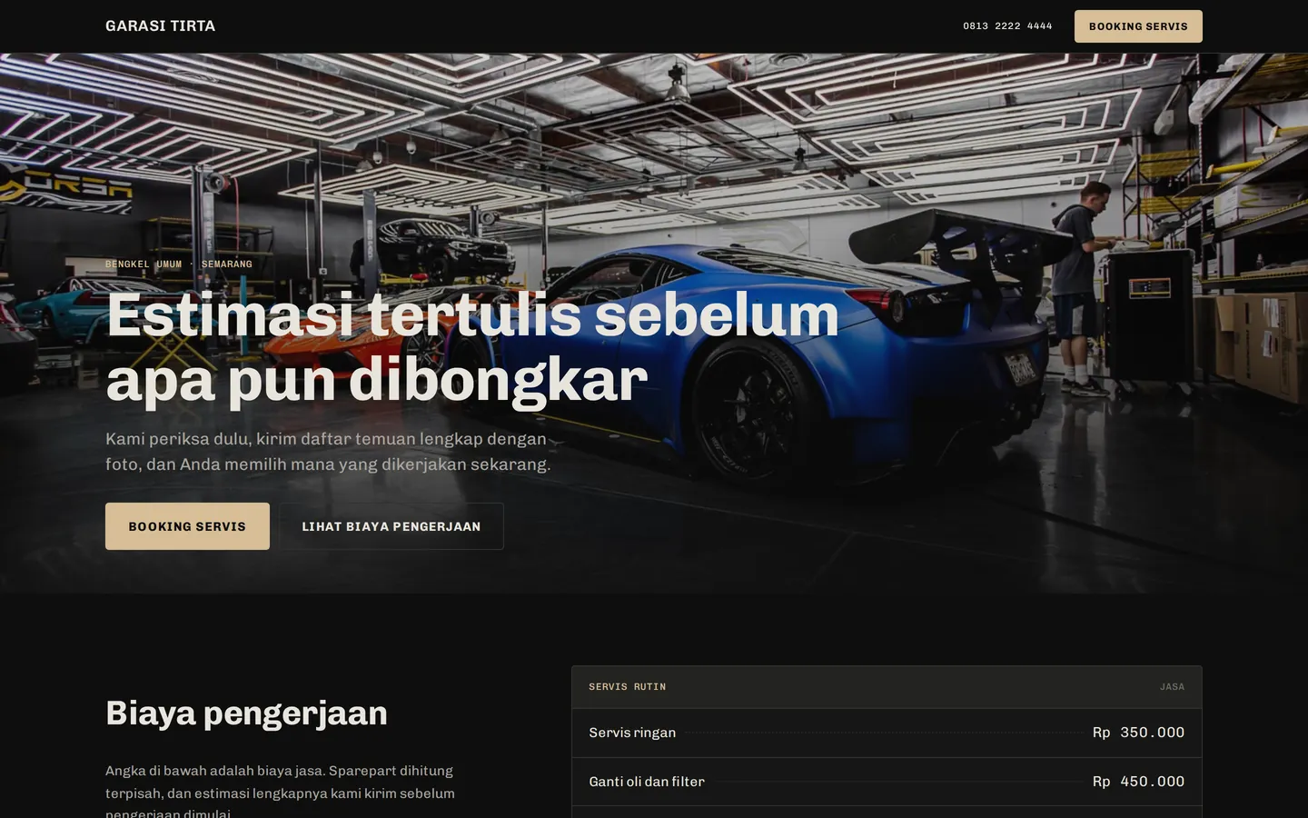 Contoh landing page otomotif untuk Garasi Tirta