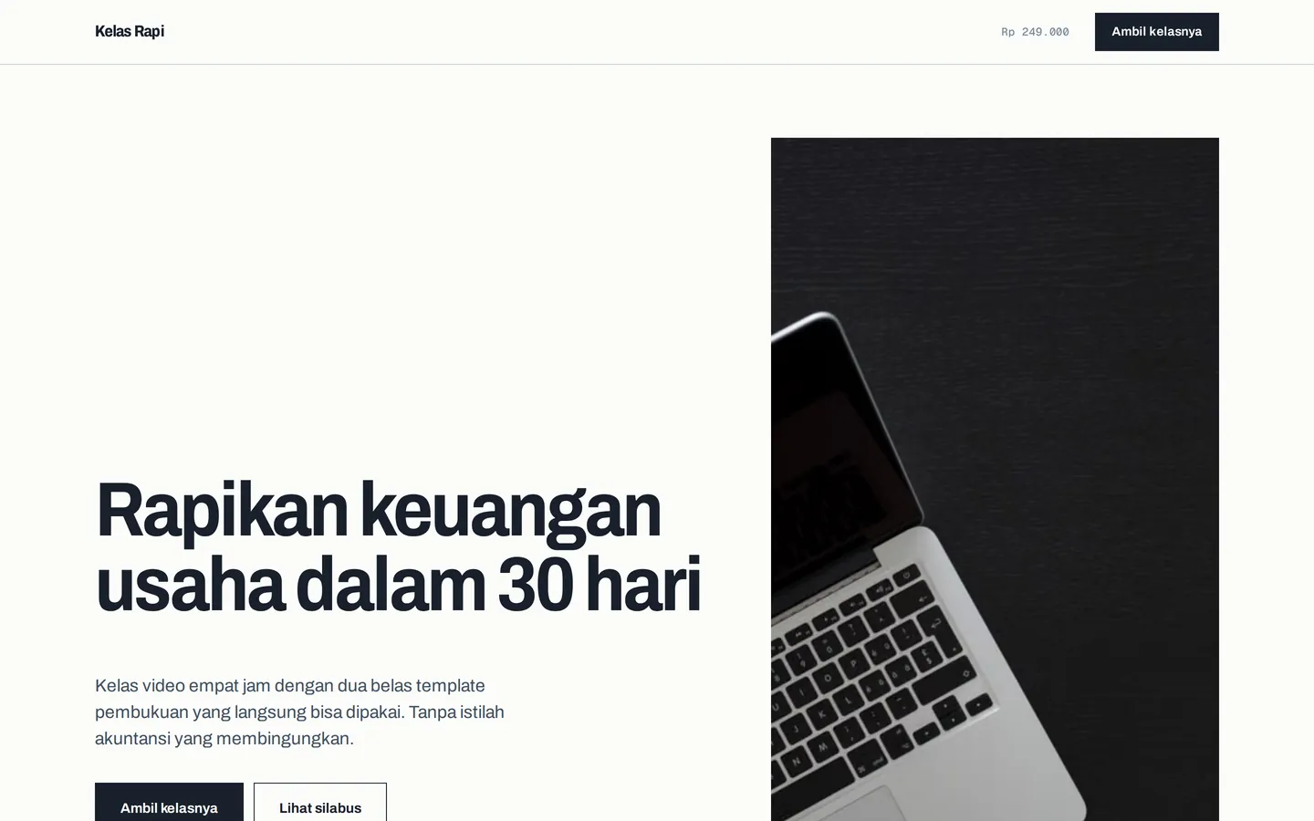 Contoh landing page produk digital untuk Kelas Rapi