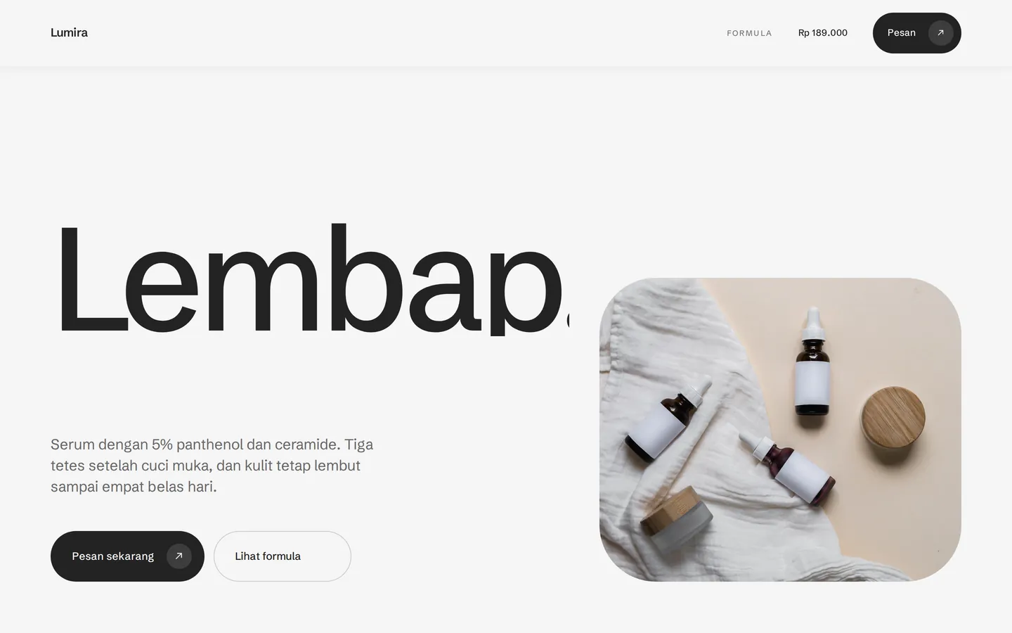 Contoh landing page kosmetik untuk Lumira