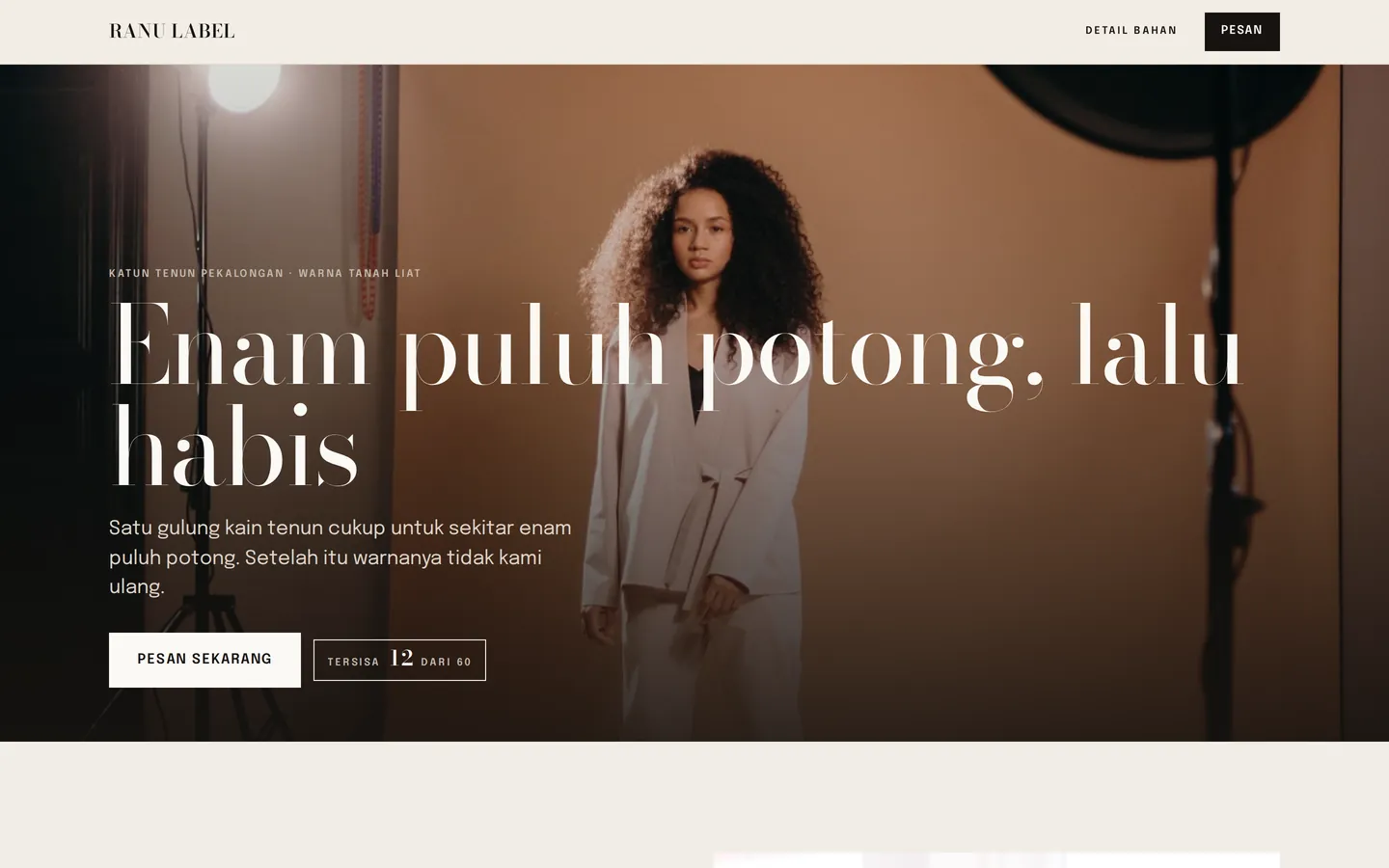 Contoh landing page fashion untuk Ranu Label