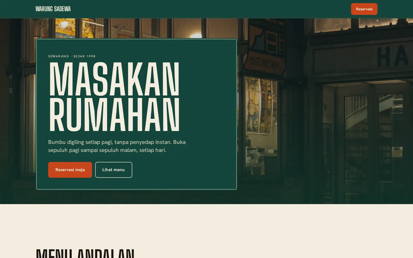 Contoh landing page restoran & kafe untuk Warung Sadewa
